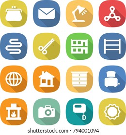 flat vector icon set - purse vector, mail, table lamp, spinner, intestines, surgical clamp, modular house, rack, globe, home, chest of drawers, toaster, fireplace, camera, mixer, induction oven