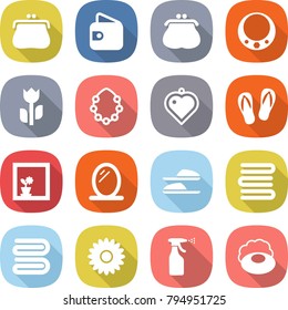 flat vector icon set - purse vector, wallet, necklace, perishable, hawaiian wreath, heart pendant, flip flops, flower in window, mirror, slippers, towels, towel, sprayer, soap
