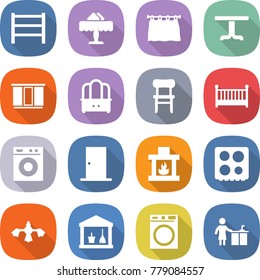 flat vector icon set - rack vector, restaurant, curtain, table, wardrobe, dresser, chair, crib, washing machine, door, fireplace, hob, hard reach place cleaning, utility room, kitchen