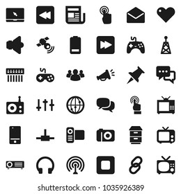 Flat vector icon set - vector, radio, antenna, satellitie, newspaper, speaker, tv, gamepad, settings, video camera, internet, mobile phone, touchscreen, dialog, headphones, notebook pc, link, group