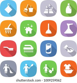 flat vector icon set - rag vector, bucket and broom, clean floor, cleanser, vacuum cleaner, house cleaning, plunger, brush, powder, wiping, brooming, woman with duster, toilet, handle washing