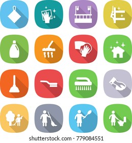 flat vector icon set - rag vector, wiping, skysrcapers cleaning, skyscrapers, cleanser, vacuum cleaner, house, plunger, brush, garden, brooming, woman with duster, toilet