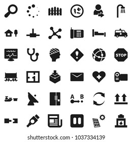 Flat vector icon set - Railway carriage vector, port, top sign, package, route, satellite antenna, newspaper, pause button, hdmi, heart cross, stethoscope, microbs, amkbulance car, head bandage