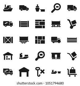 Flat vector icon set - Railway carriage vector, ship, truck trailer, sea container, delivery, car, port, wood box, consolidated cargo, no hook, warehouse, search, relocation, trolley