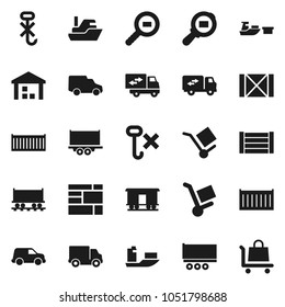 Flat vector icon set - Railway carriage vector, ship, truck trailer, sea container, delivery, car, port, wood box, consolidated cargo, no hook, warehouse, search, relocation, trolley