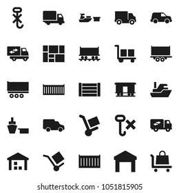 Flat vector icon set - Railway carriage vector, ship, truck trailer, sea container, delivery, car, port, wood box, consolidated cargo, no hook, warehouse, relocation, trolley