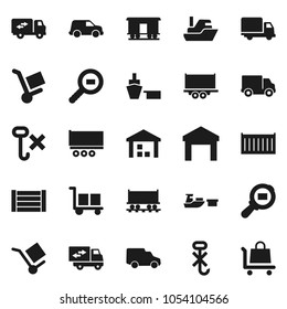 Flat vector icon set - Railway carriage vector, ship, truck trailer, sea container, delivery, car, port, wood box, cargo, no hook, warehouse, search, relocation, trolley