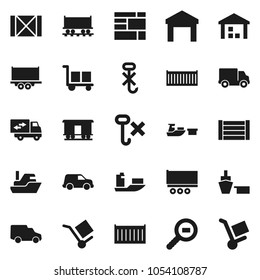 Flat vector icon set - Railway carriage vector, ship, truck trailer, sea container, delivery, car, port, wood box, consolidated cargo, no hook, warehouse, search, relocation, trolley