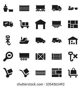 Flat vector icon set - Railway carriage vector, ship, truck trailer, sea container, delivery, car, port, wood box, consolidated cargo, no hook, warehouse, search, relocation, trolley