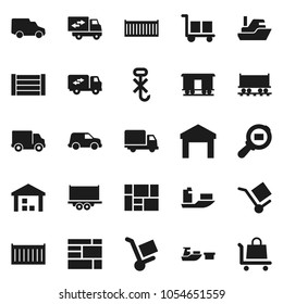 Flat vector icon set - Railway carriage vector, ship, truck trailer, sea container, delivery, car, port, wood box, consolidated cargo, no hook, warehouse, search, relocation, trolley