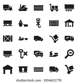 Flat vector icon set - Railway carriage vector, ship, truck trailer, sea container, delivery, car, port, wood box, cargo, no hook, warehouse, search, relocation, trolley