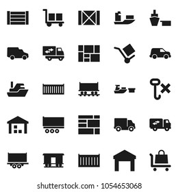 Flat vector icon set - Railway carriage vector, ship, truck trailer, sea container, delivery, car, port, wood box, consolidated cargo, no hook, warehouse, relocation, trolley