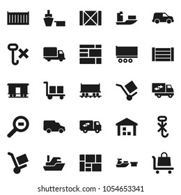 Flat vector icon set - Railway carriage vector, ship, truck trailer, sea container, delivery, car, port, wood box, consolidated cargo, no hook, warehouse, search, relocation, trolley