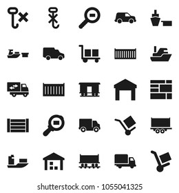 Flat vector icon set - Railway carriage vector, ship, truck trailer, sea container, delivery, car, port, wood box, consolidated cargo, no hook, warehouse, search, relocation, trolley