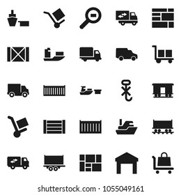 Flat vector icon set - Railway carriage vector, ship, truck trailer, sea container, delivery, car, port, wood box, consolidated cargo, no hook, warehouse, search, relocation, trolley