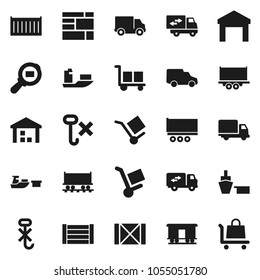 Flat vector icon set - Railway carriage vector, ship, truck trailer, sea container, delivery, car, port, wood box, consolidated cargo, no hook, warehouse, search, relocation, trolley