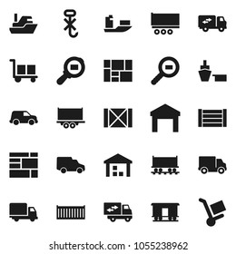 Flat vector icon set - Railway carriage vector, ship, truck trailer, sea container, delivery, car, port, wood box, consolidated cargo, no hook, warehouse, search, relocation, trolley