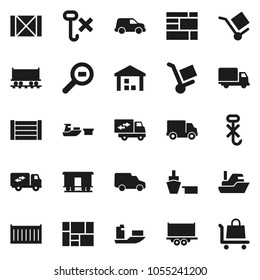 Flat vector icon set - Railway carriage vector, ship, truck trailer, sea container, delivery, car, port, wood box, consolidated cargo, no hook, warehouse, search, relocation, trolley