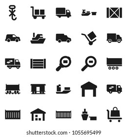 Flat vector icon set - Railway carriage vector, ship, truck trailer, sea container, delivery, car, port, wood box, cargo, no hook, warehouse, search, relocation, trolley