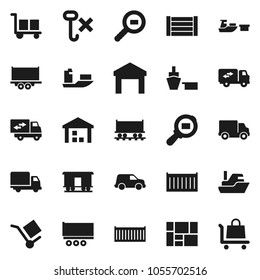 Flat vector icon set - Railway carriage vector, ship, truck trailer, sea container, delivery, car, port, wood box, consolidated cargo, no hook, warehouse, search, relocation, trolley