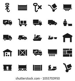 Flat vector icon set - Railway carriage vector, ship, truck trailer, sea container, delivery, car, port, wood box, consolidated cargo, no hook, warehouse, relocation, trolley
