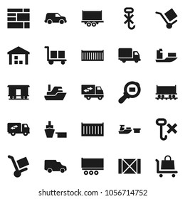 Flat vector icon set - Railway carriage vector, ship, truck trailer, sea container, delivery, car, port, wood box, consolidated cargo, no hook, warehouse, search, relocation, trolley