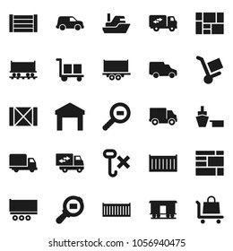 Flat vector icon set - Railway carriage vector, ship, truck trailer, sea container, delivery, car, port, wood box, consolidated cargo, no hook, warehouse, search, relocation, trolley