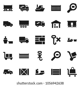 Flat vector icon set - Railway carriage vector, ship, truck trailer, sea container, delivery, car, port, wood box, consolidated cargo, no hook, warehouse, search, relocation, trolley