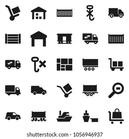 Flat vector icon set - Railway carriage vector, ship, truck trailer, sea container, delivery, car, port, wood box, consolidated cargo, no hook, warehouse, search, relocation, trolley