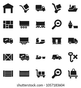 Flat vector icon set - Railway carriage vector, ship, truck trailer, sea container, delivery, car, port, wood box, consolidated cargo, no hook, warehouse, search, relocation, trolley