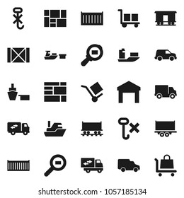 Flat vector icon set - Railway carriage vector, ship, truck trailer, sea container, delivery, car, port, wood box, consolidated cargo, no hook, warehouse, search, relocation, trolley