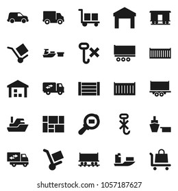 Flat vector icon set - Railway carriage vector, ship, truck trailer, sea container, delivery, car, port, wood box, consolidated cargo, no hook, warehouse, search, relocation, trolley