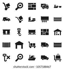 Flat vector icon set - Railway carriage vector, ship, truck trailer, sea container, delivery, car, port, wood box, consolidated cargo, no hook, warehouse, search, relocation, trolley