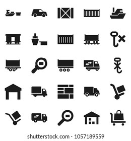Flat vector icon set - Railway carriage vector, ship, truck trailer, sea container, delivery, car, port, wood box, consolidated cargo, no hook, warehouse, search, relocation, trolley