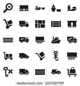 Flat vector icon set - Railway carriage vector, ship, truck trailer, sea container, delivery, car, port, wood box, consolidated cargo, no hook, search, relocation, trolley