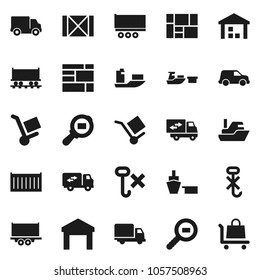 Flat vector icon set - Railway carriage vector, ship, truck trailer, sea container, delivery, car, port, wood box, consolidated cargo, no hook, warehouse, search, relocation, trolley