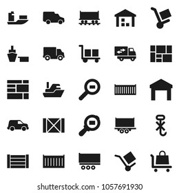 Flat vector icon set - Railway carriage vector, ship, truck trailer, sea container, delivery, car, port, wood box, consolidated cargo, no hook, warehouse, search, relocation, trolley