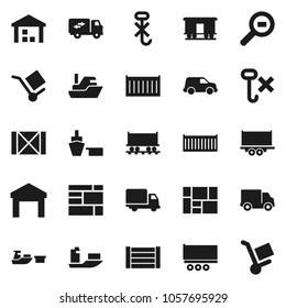 Flat vector icon set - Railway carriage vector, ship, truck trailer, sea container, delivery, car, port, wood box, consolidated cargo, no hook, warehouse, search, relocation, trolley