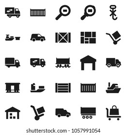 Flat vector icon set - Railway carriage vector, ship, truck trailer, sea container, delivery, car, port, wood box, consolidated cargo, no hook, warehouse, search, relocation, trolley