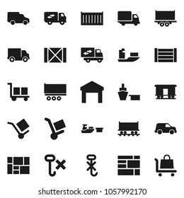 Flat vector icon set - Railway carriage vector, ship, truck trailer, sea container, delivery, car, port, wood box, consolidated cargo, no hook, warehouse, relocation, trolley