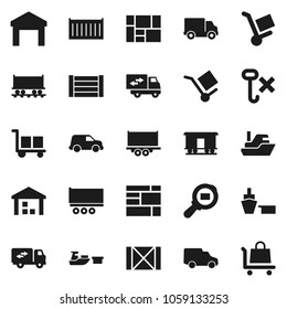 Flat vector icon set - Railway carriage vector, ship, truck trailer, sea container, delivery, car, port, wood box, consolidated cargo, no hook, warehouse, search, relocation, trolley