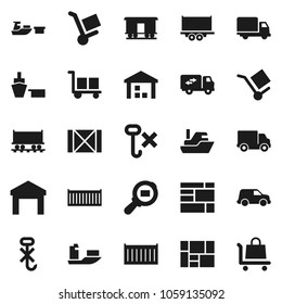 Flat vector icon set - Railway carriage vector, ship, truck trailer, sea container, delivery, car, port, wood box, consolidated cargo, no hook, warehouse, search, relocation, trolley