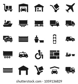 Flat vector icon set - Railway carriage vector, plane, traffic light, ship, truck trailer, sea container, delivery, car, port, consolidated cargo, warehouse, disabled, amkbulance, garage, relocation