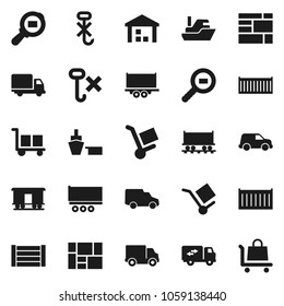Flat vector icon set - Railway carriage vector, ship, truck trailer, sea container, delivery, car, port, wood box, consolidated cargo, no hook, warehouse, search, relocation, trolley