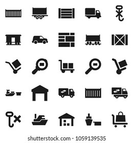 Flat vector icon set - Railway carriage vector, ship, truck trailer, sea container, delivery, car, port, wood box, consolidated cargo, no hook, warehouse, search, relocation, trolley