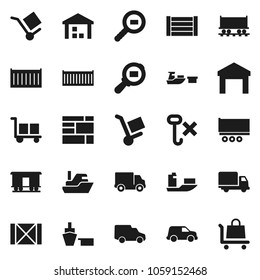 Flat vector icon set - Railway carriage vector, ship, truck trailer, sea container, delivery, car, port, wood box, consolidated cargo, no hook, warehouse, search, trolley