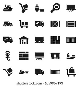 Flat vector icon set - Railway carriage vector, ship, truck trailer, sea container, delivery, car, port, wood box, consolidated cargo, no hook, warehouse, search, relocation, trolley