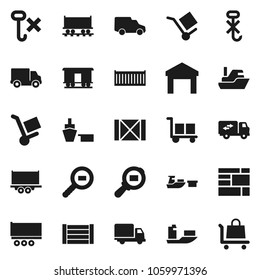 Flat vector icon set - Railway carriage vector, ship, truck trailer, sea container, delivery, car, port, wood box, consolidated cargo, no hook, warehouse, search, relocation, trolley