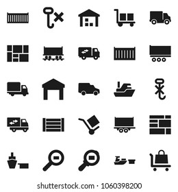 Flat vector icon set - Railway carriage vector, ship, truck trailer, sea container, delivery, car, port, wood box, consolidated cargo, no hook, warehouse, search, relocation, trolley