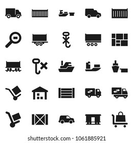 Flat vector icon set - Railway carriage vector, ship, truck trailer, sea container, delivery, car, port, wood box, consolidated cargo, no hook, warehouse, search, relocation, trolley
